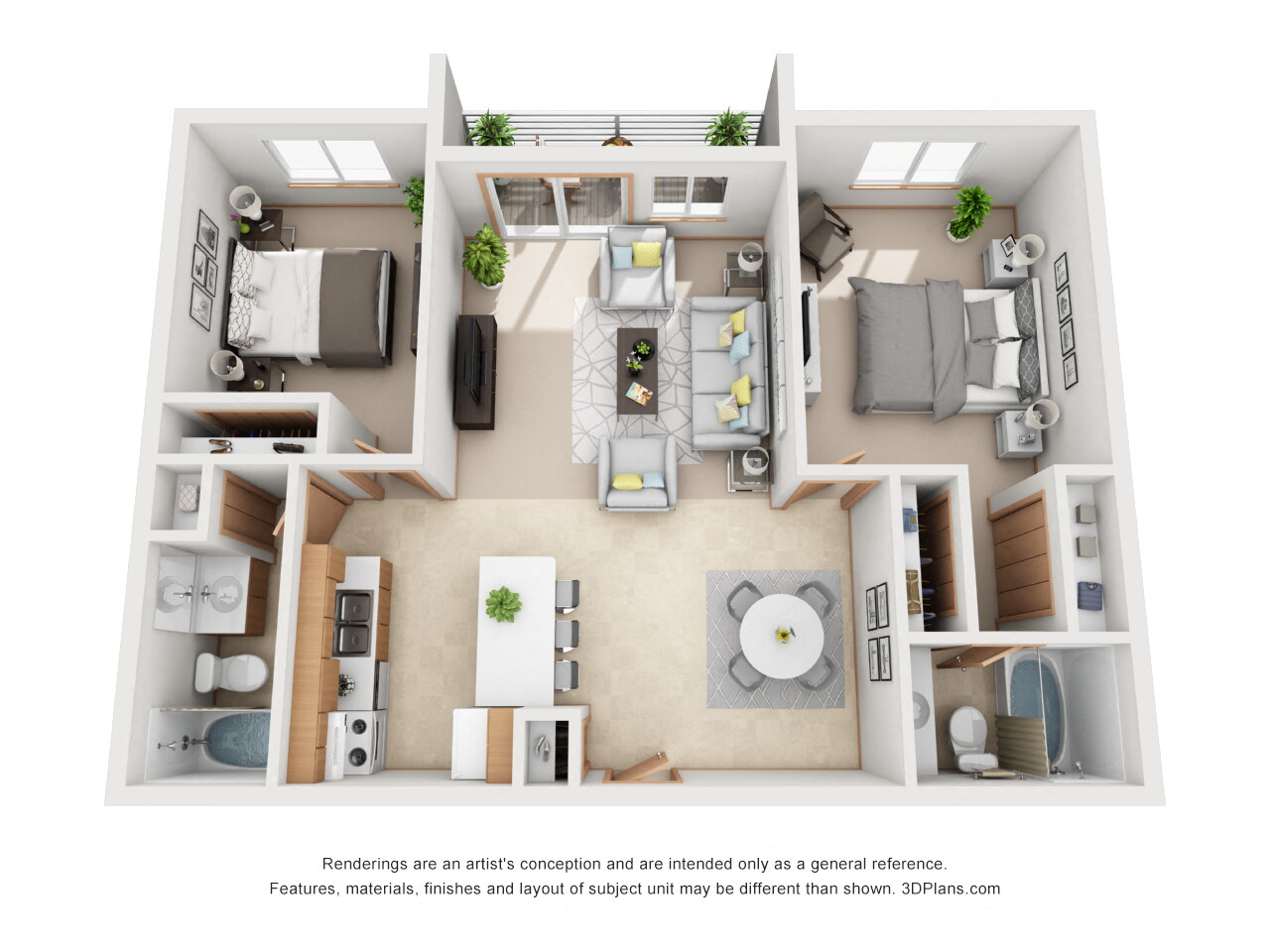 Floor plan for 2 beds, 2 baths, 950 sqft